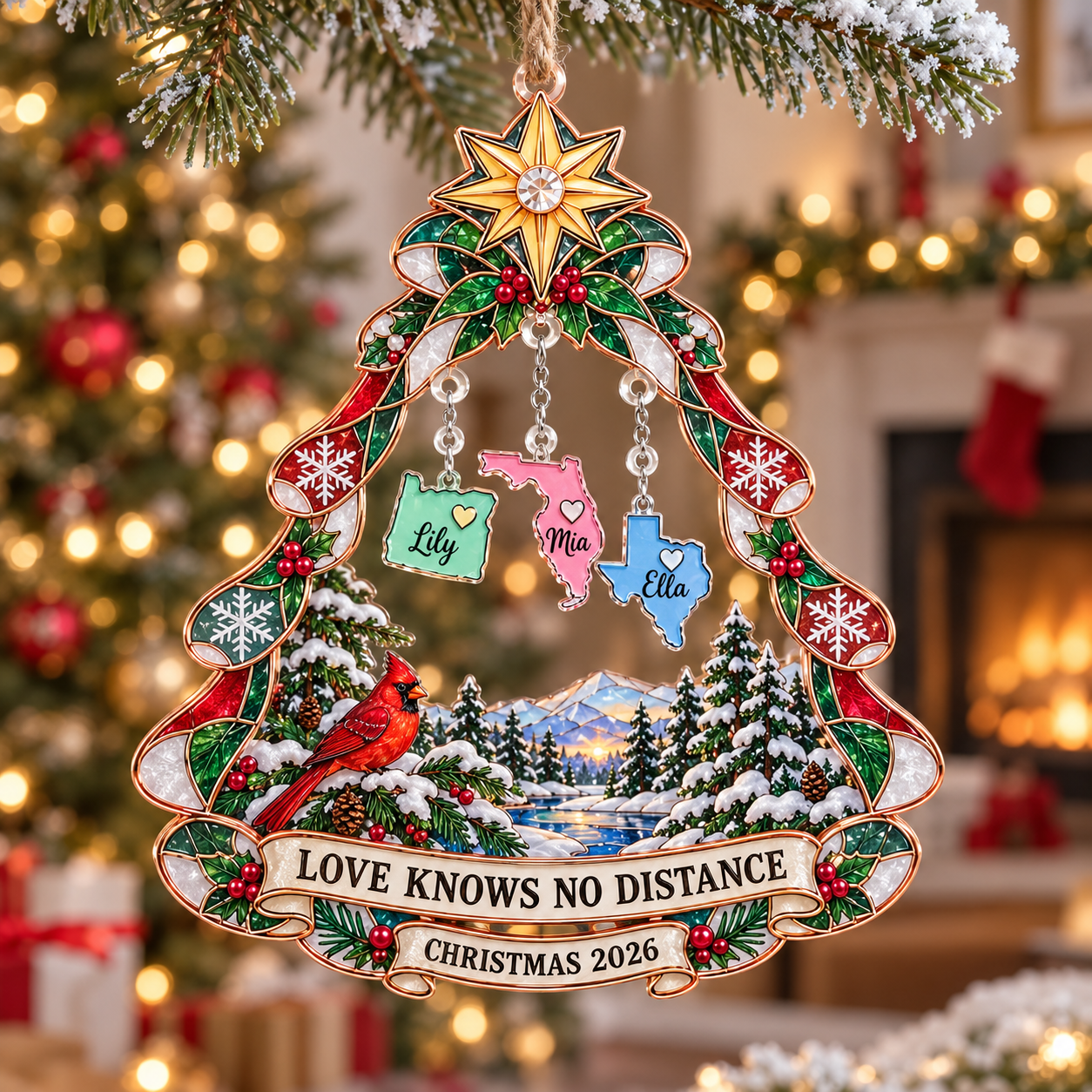 Stained-glass acrylic Christmas ornament with "LOVE KNOWS NO DISTANCE" and personalised name charms