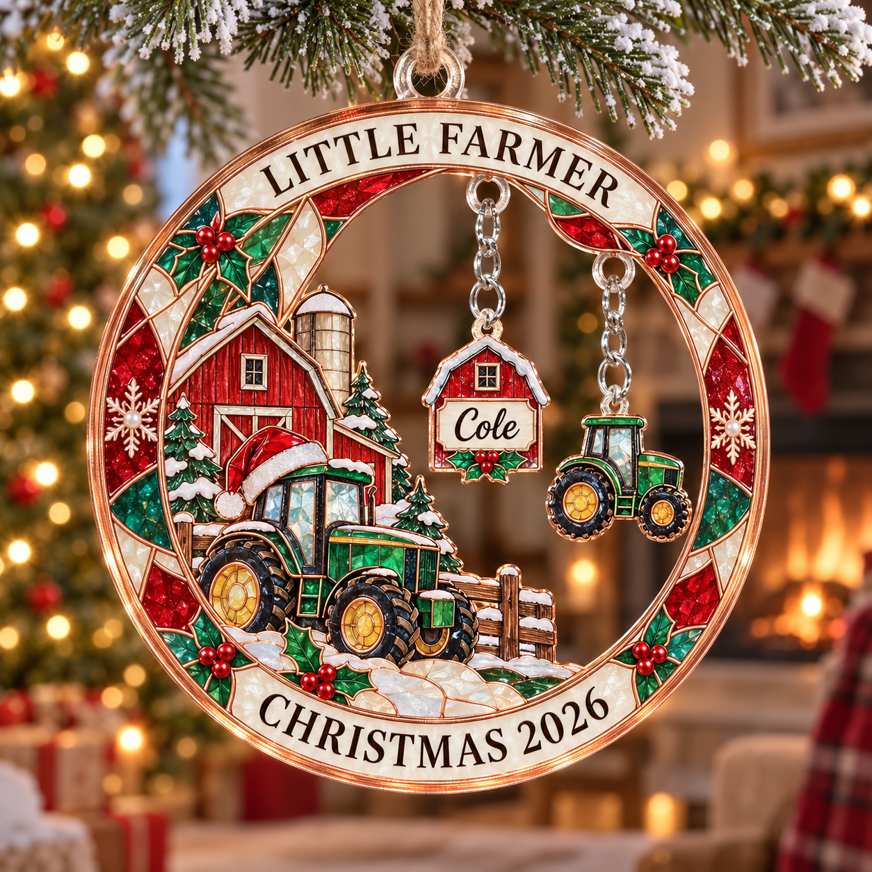 Stained-glass acrylic Christmas ornament with "LITTLE FARMER" and personalised name charms