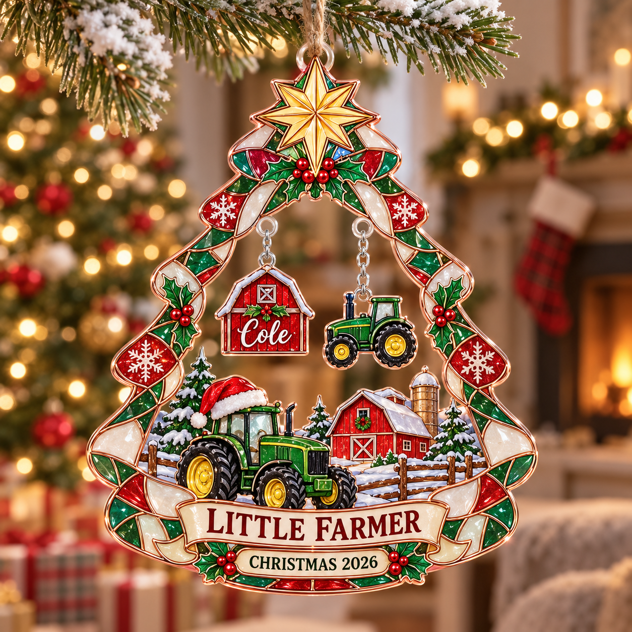 Stained-glass acrylic Christmas ornament with "LITTLE FARMER" and personalised name charms