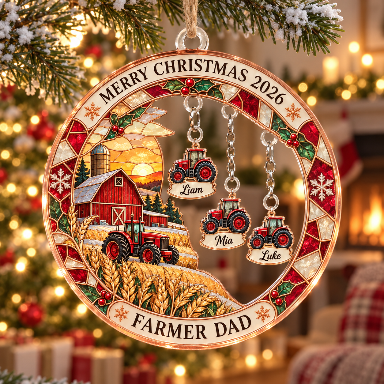 Stained-glass acrylic Christmas ornament with "FARMER DAD" and personalised name charms