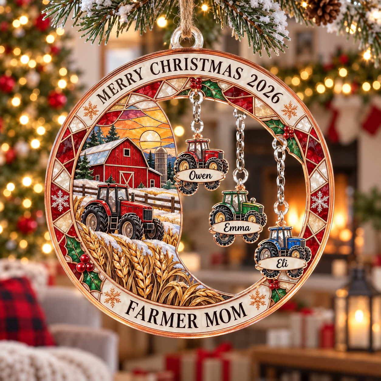 Stained-glass acrylic Christmas ornament with "FARMER MOM" and personalised name charms