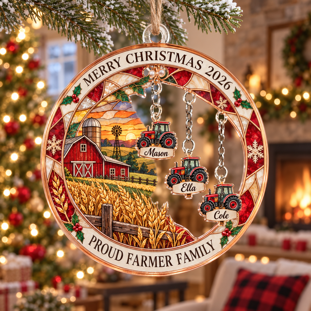 Stained-glass acrylic Christmas ornament with "PROUD FARMER FAMILY" and personalised name charms