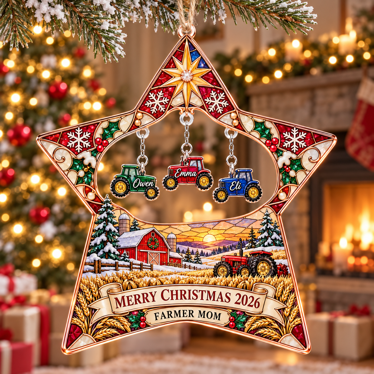 Stained-glass acrylic Christmas ornament with "FARMER MOM" and personalised name charms