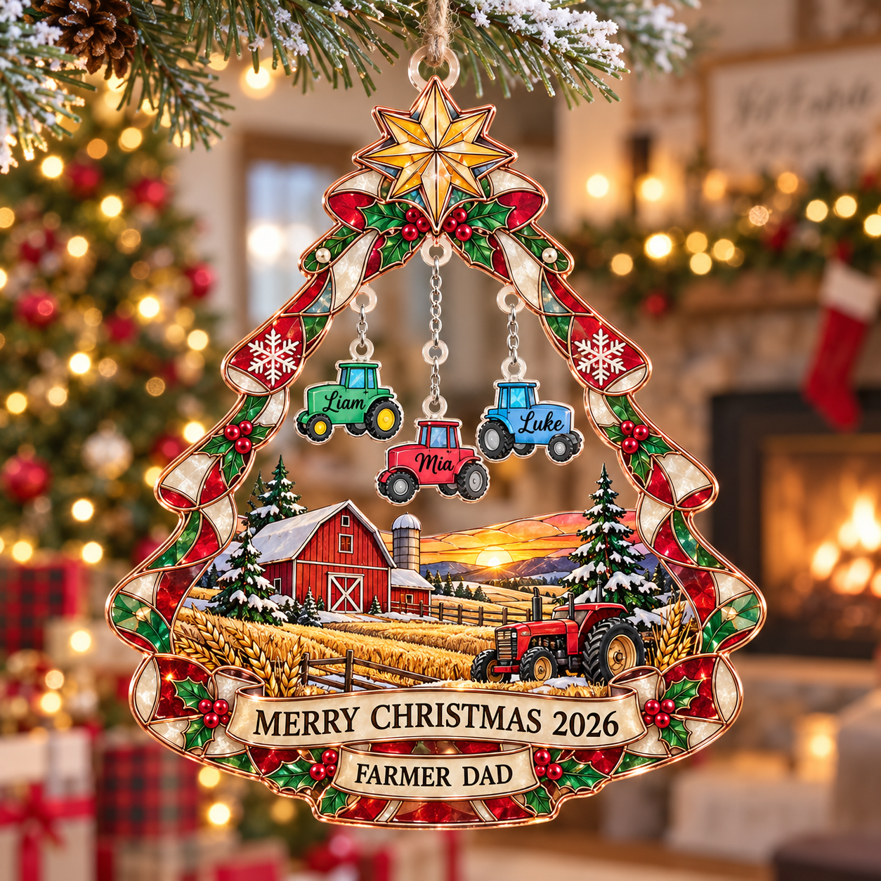Stained-glass acrylic Christmas ornament with "FARMER DAD" and personalised name charms