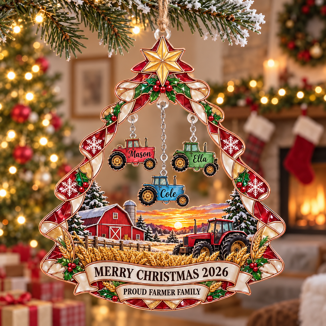 Stained-glass acrylic Christmas ornament with "PROUD FARMER FAMILY" and personalised name charms