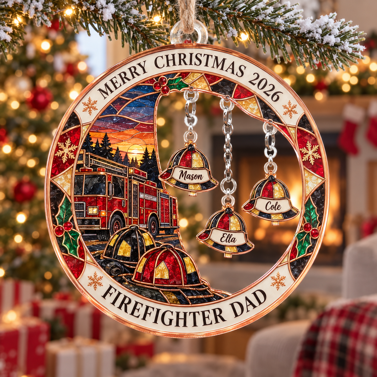 Stained-glass acrylic Christmas ornament with "FIREFIGHTER DAD" and personalised name charms