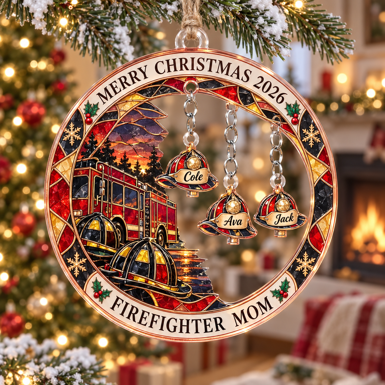 Stained-glass acrylic Christmas ornament with "FIREFIGHTER MOM" and personalised name charms