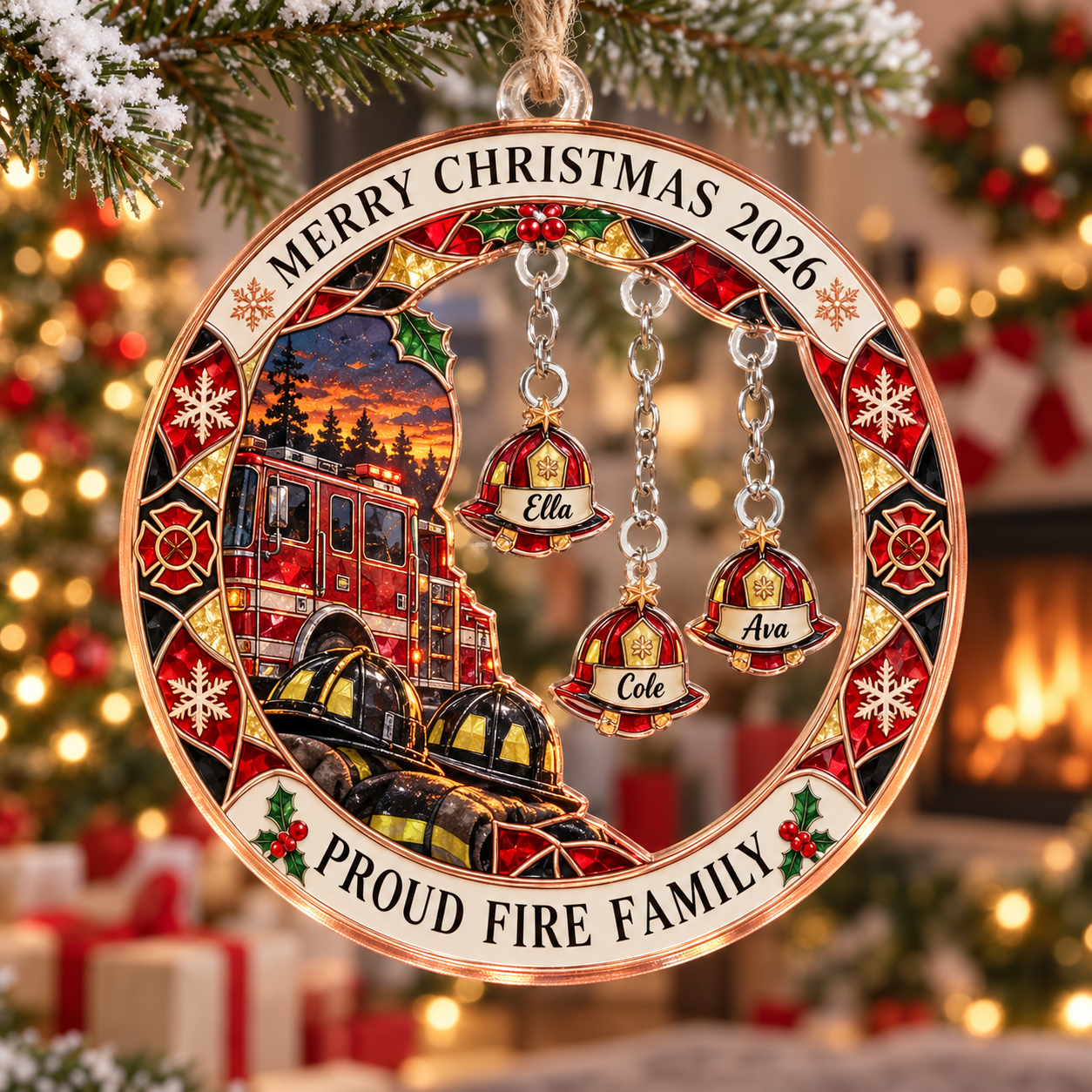 Stained-glass acrylic Christmas ornament with "PROUD FIRE FAMILY" and personalised name charms