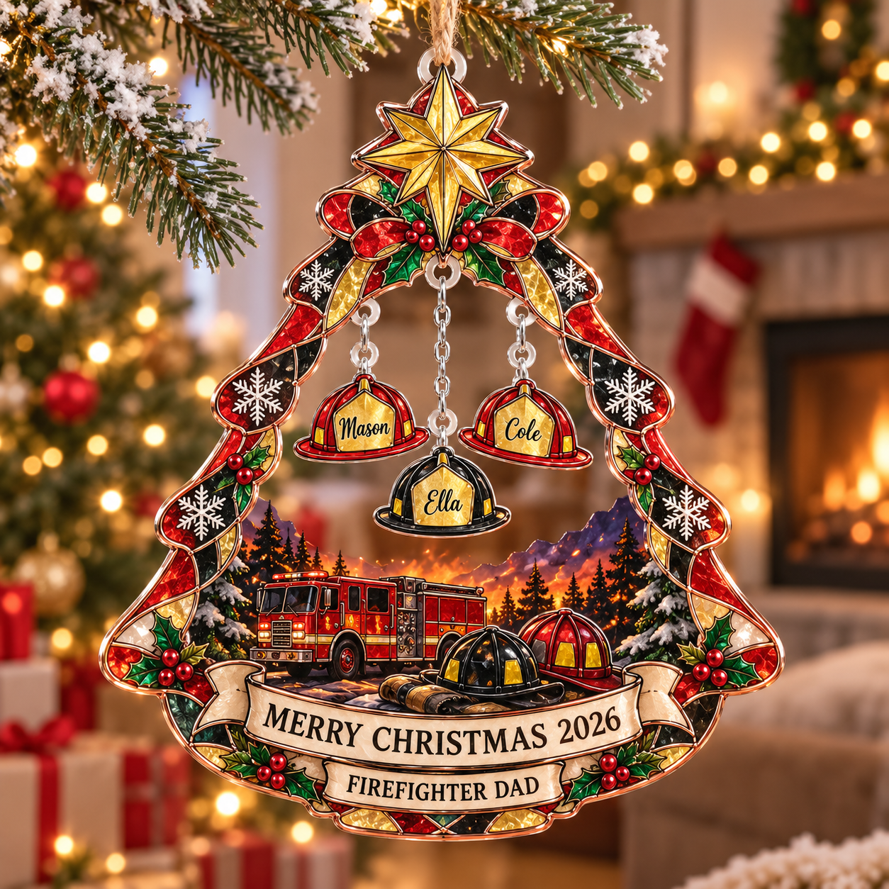Stained-glass acrylic Christmas ornament with "FIREFIGHTER DAD" and personalised name charms