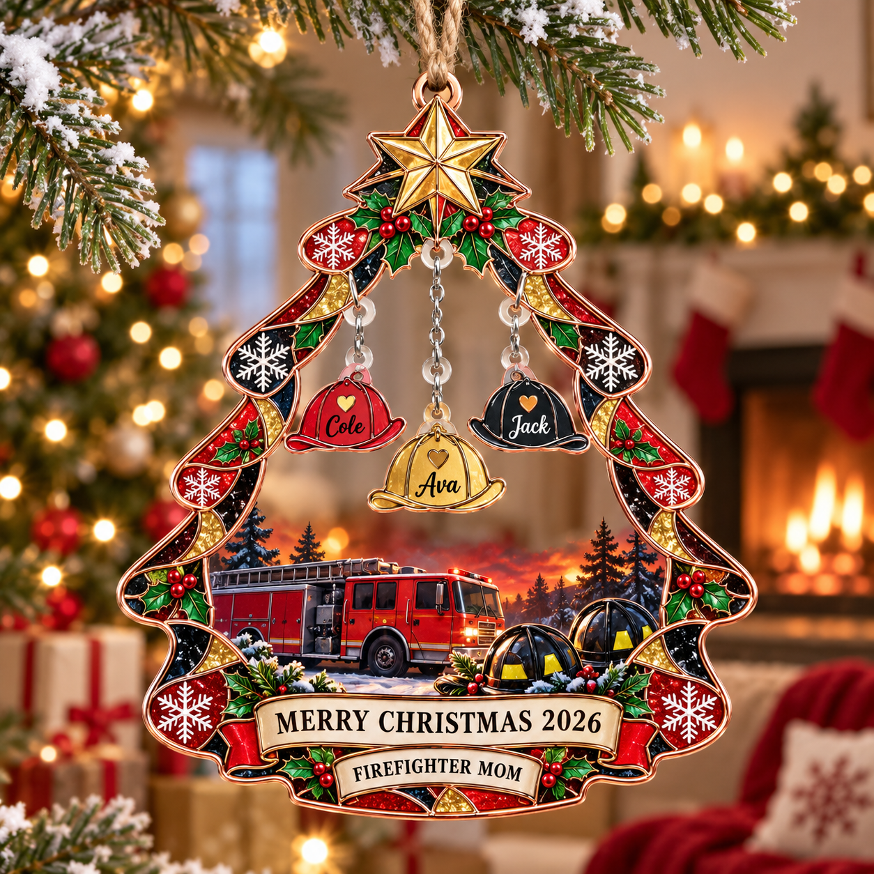 Stained-glass acrylic Christmas ornament with "FIREFIGHTER MOM" and personalised name charms
