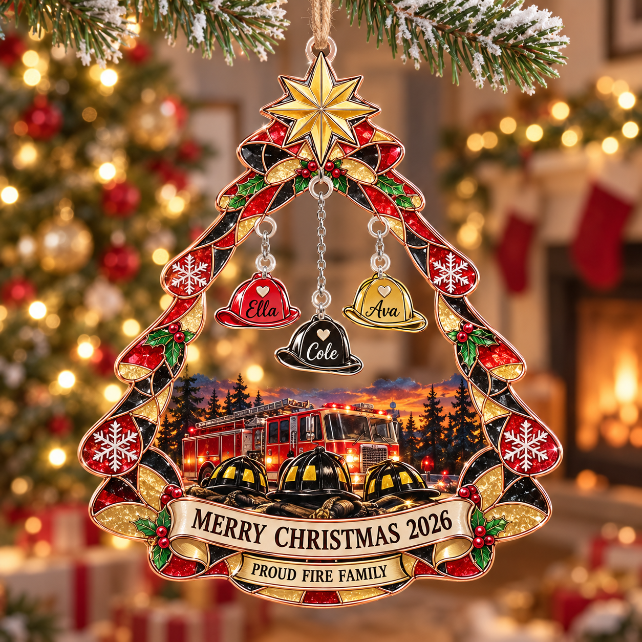 Stained-glass acrylic Christmas ornament with "PROUD FIRE FAMILY" and personalised name charms