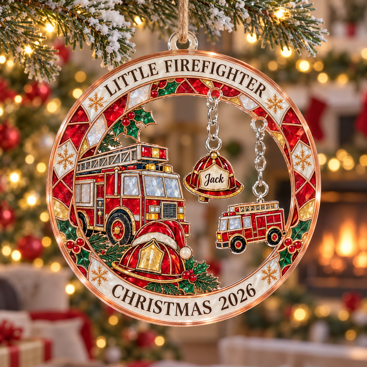Stained-glass acrylic Christmas ornament with "LITTLE FIREFIGHTER" and personalised name charms
