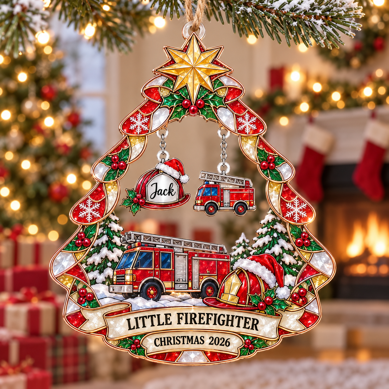 Stained-glass acrylic Christmas ornament with "LITTLE FIREFIGHTER" and personalised name charms