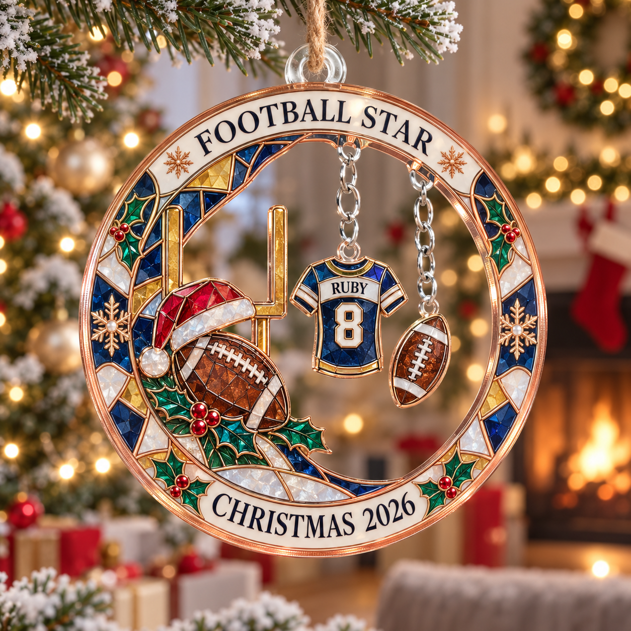 Stained-glass acrylic Christmas ornament with "FOOTBALL STAR" and personalised name charms