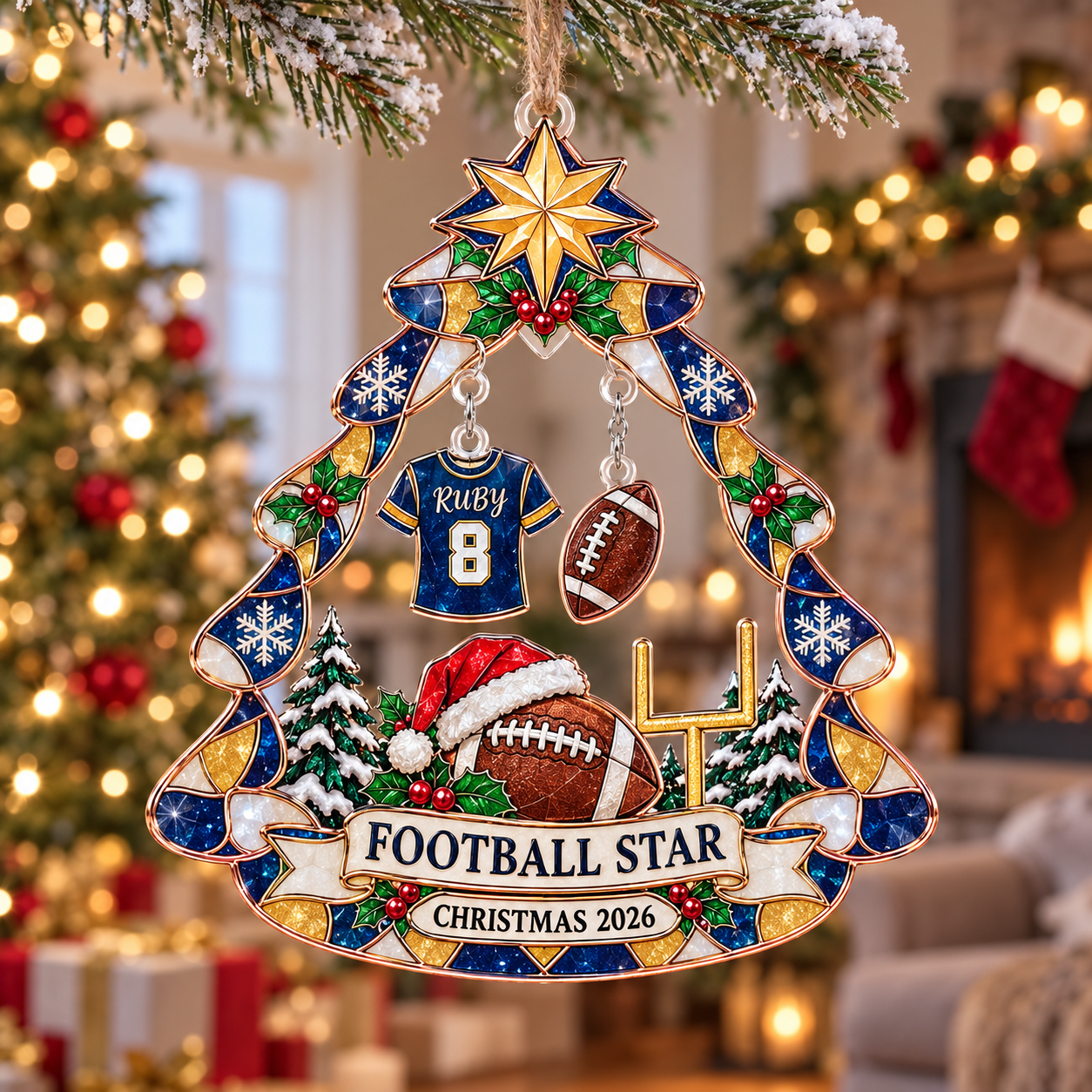 Stained-glass acrylic Christmas ornament with "FOOTBALL STAR" and personalised name charms