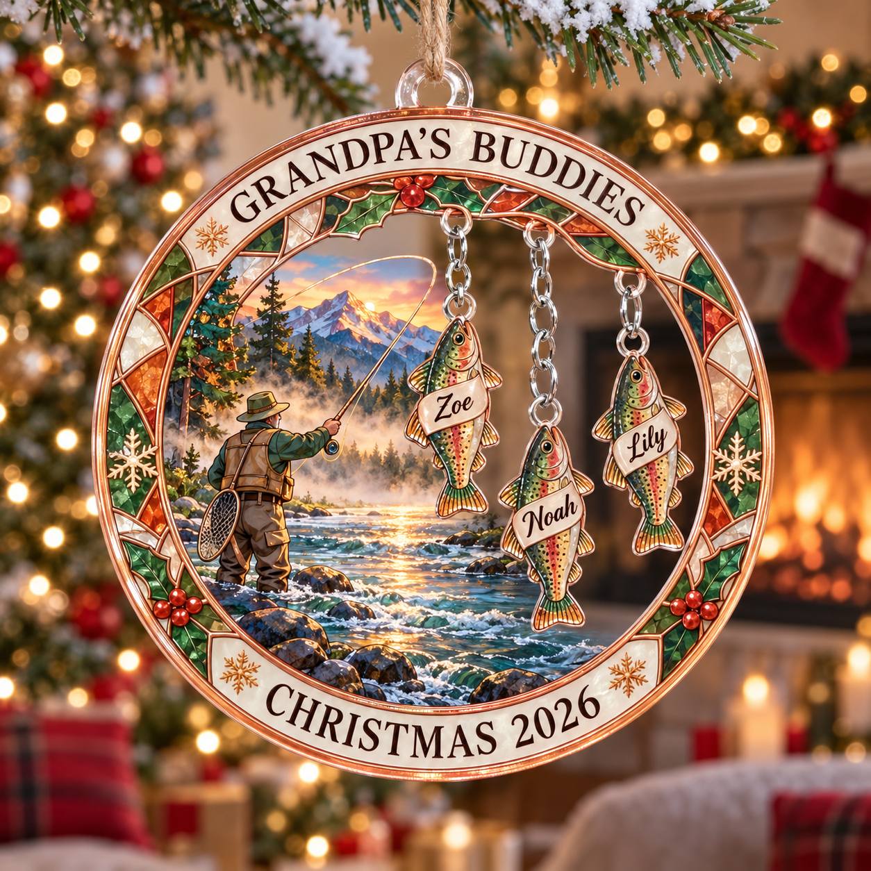 Stained-glass acrylic Christmas ornament with "GRANDPA'S BUDDIES" and personalised name charms