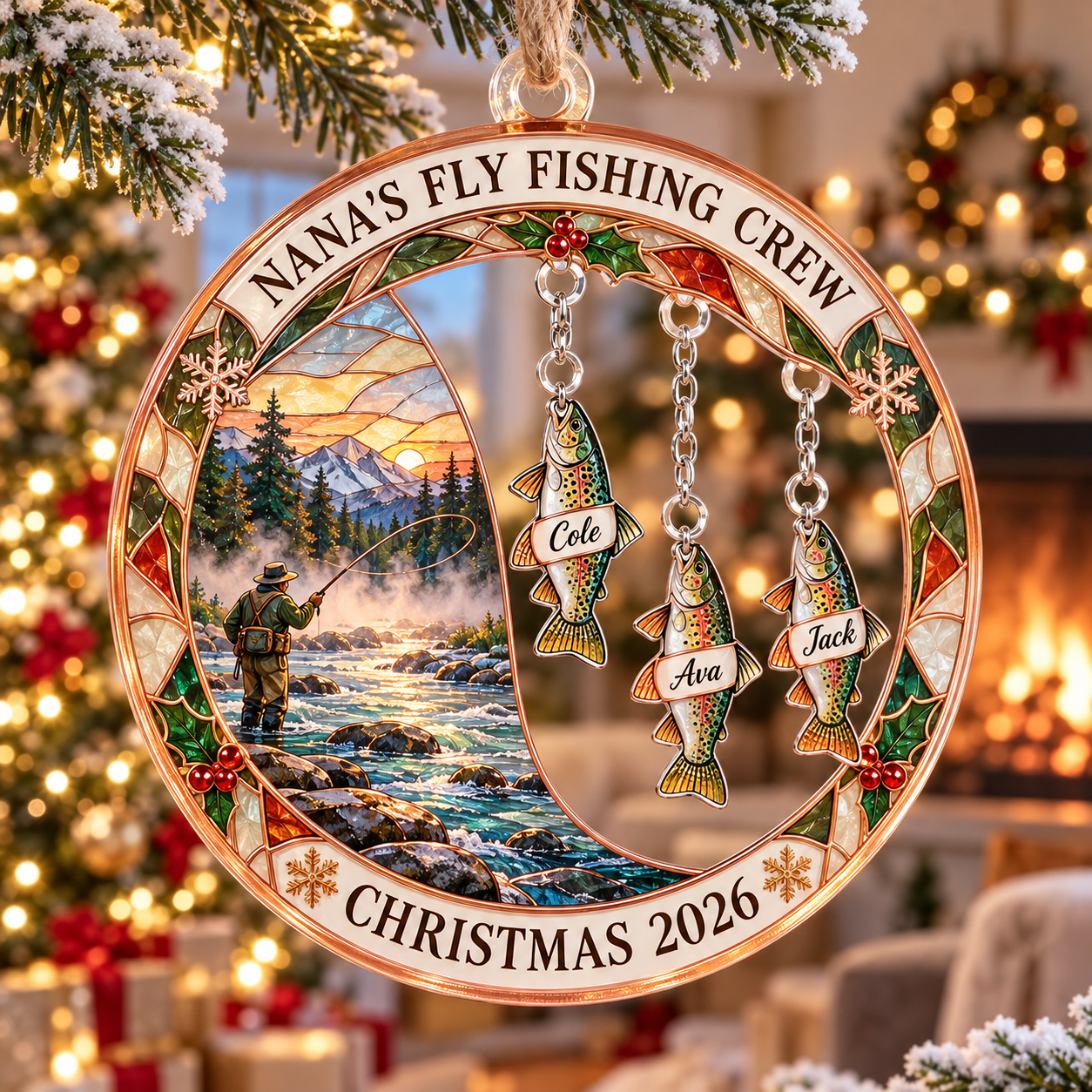 Stained-glass acrylic Christmas ornament with "NANA'S FLY FISHING CREW" and personalised name charms