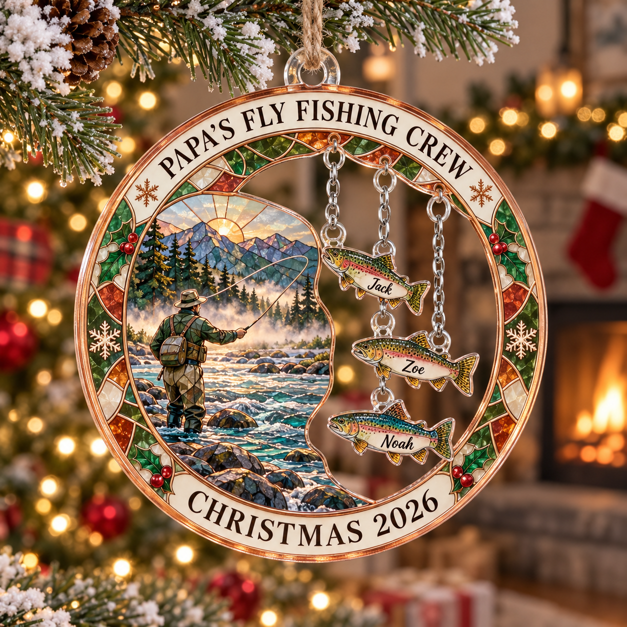 Stained-glass acrylic Christmas ornament with "PAPA'S FLY FISHING CREW" and personalised name charms