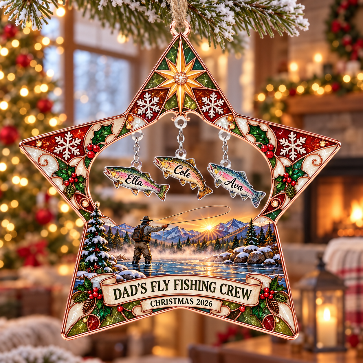 Stained-glass acrylic Christmas ornament with "DAD'S FLY FISHING CREW" and personalised name charms