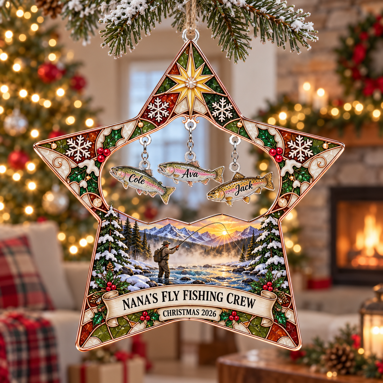 Stained-glass acrylic Christmas ornament with "NANA'S FLY FISHING CREW" and personalised name charms