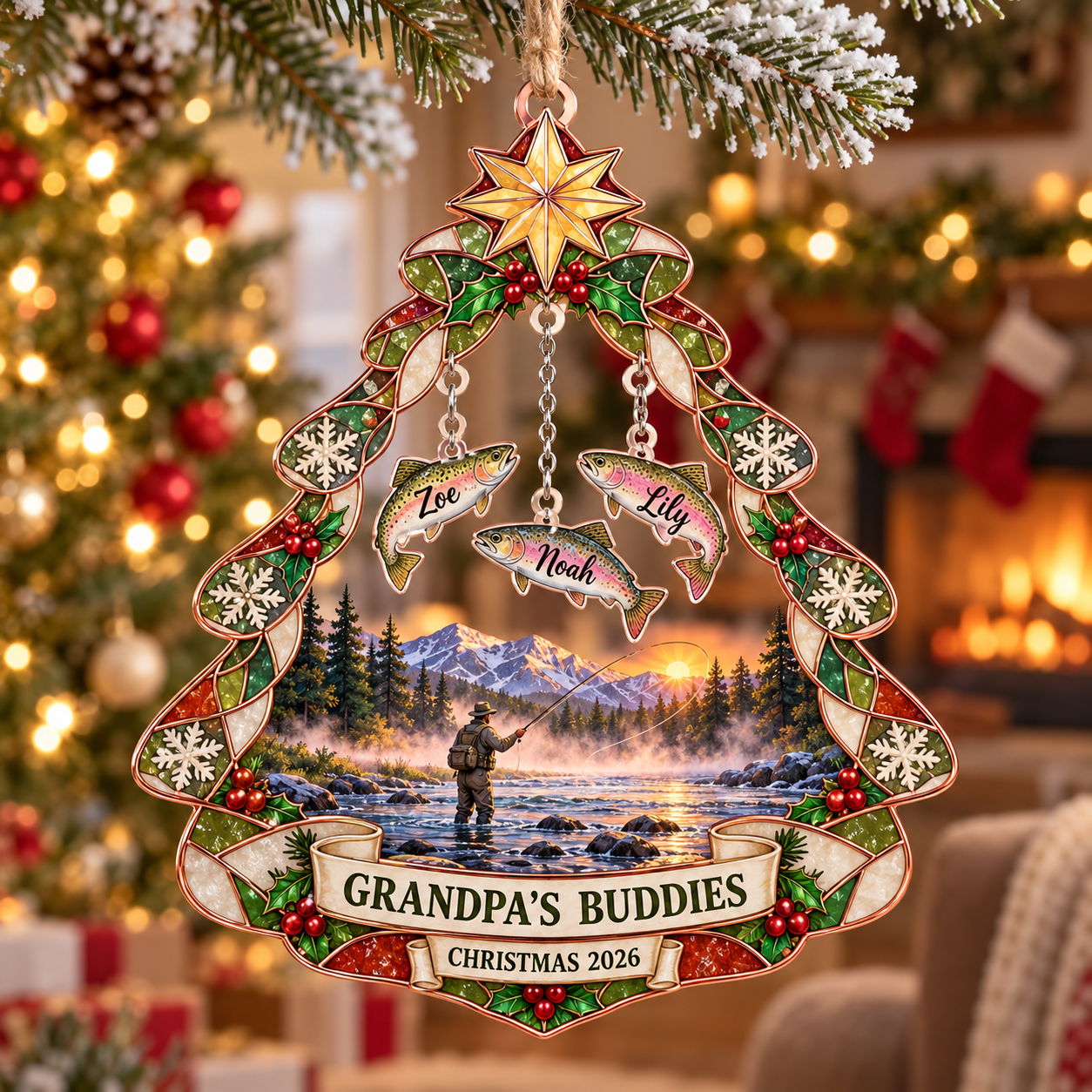 Stained-glass acrylic Christmas ornament with "GRANDPA'S BUDDIES" and personalised name charms