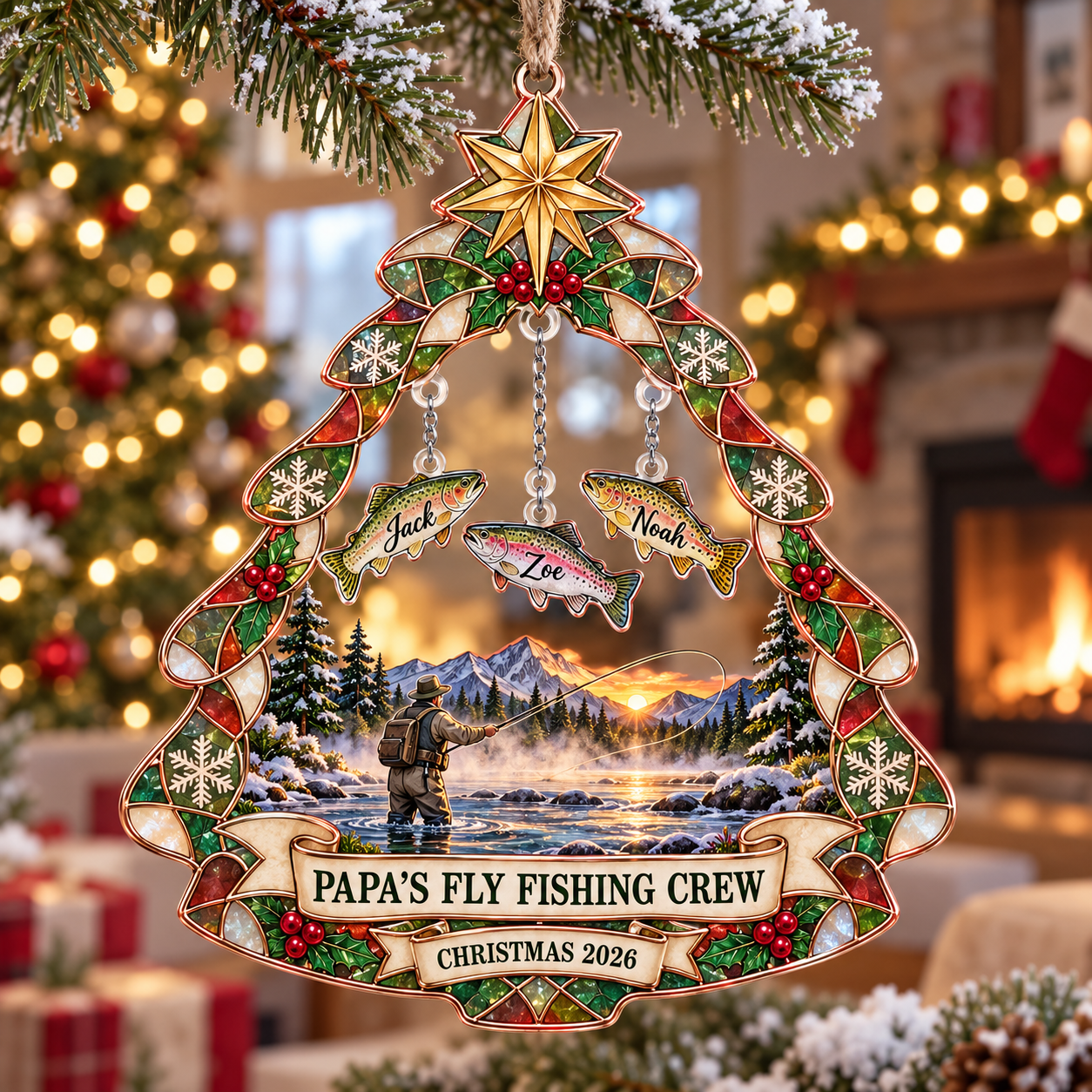 Stained-glass acrylic Christmas ornament with "PAPA'S FLY FISHING CREW" and personalised name charms