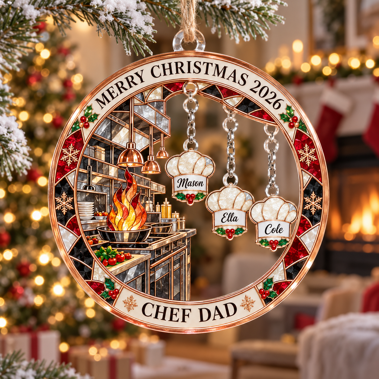 Stained-glass acrylic Christmas ornament with "CHEF DAD" and personalised name charms