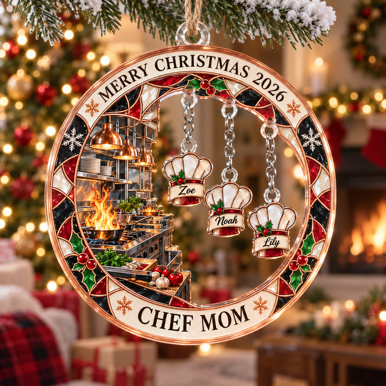 Stained-glass acrylic Christmas ornament with "CHEF MOM" and personalised name charms