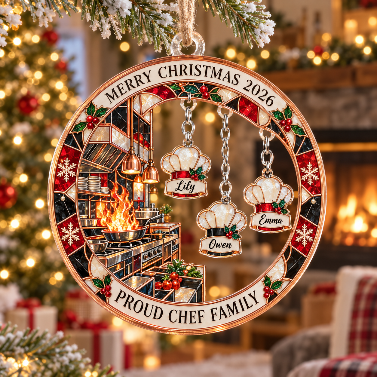 Stained-glass acrylic Christmas ornament with "PROUD CHEF FAMILY" and personalised name charms