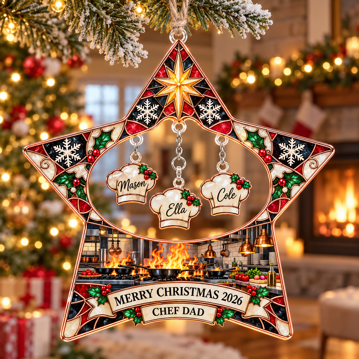Stained-glass acrylic Christmas ornament with "CHEF DAD" and personalised name charms
