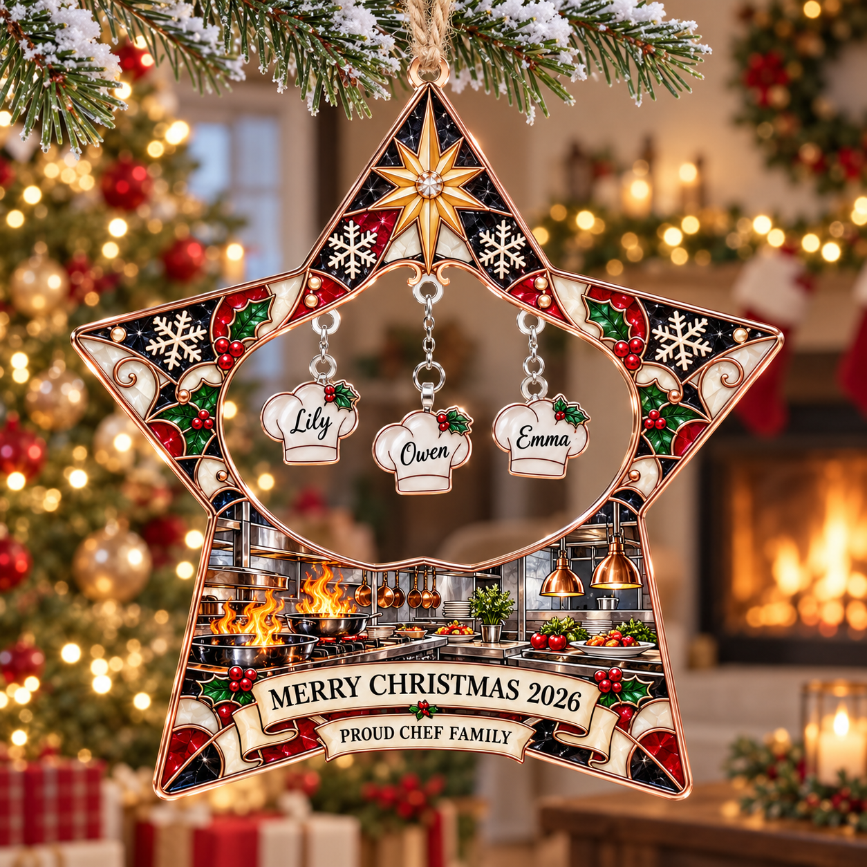 Stained-glass acrylic Christmas ornament with "PROUD CHEF FAMILY" and personalised name charms