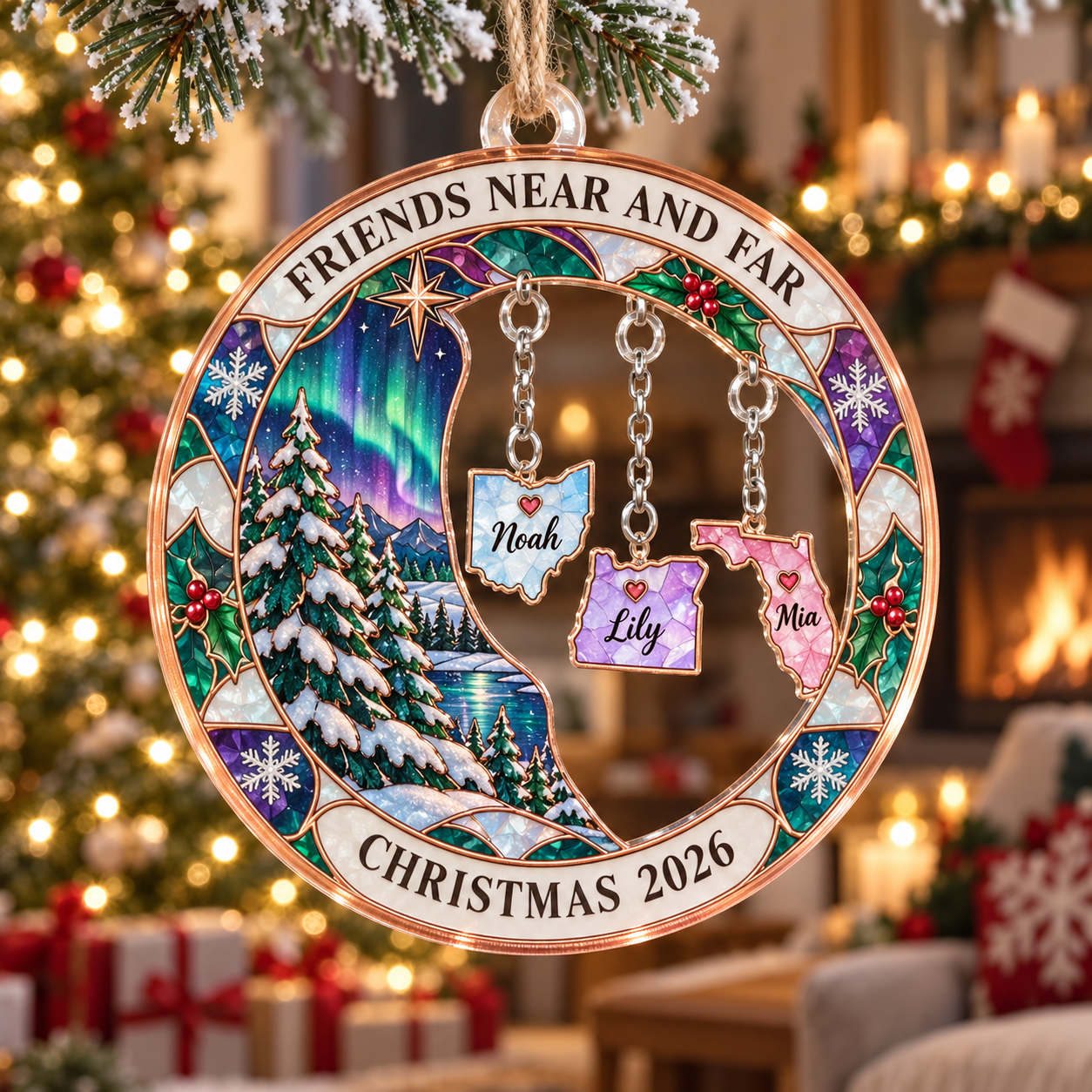 Stained-glass acrylic Christmas ornament with "FRIENDS NEAR AND FAR" and personalised name charms