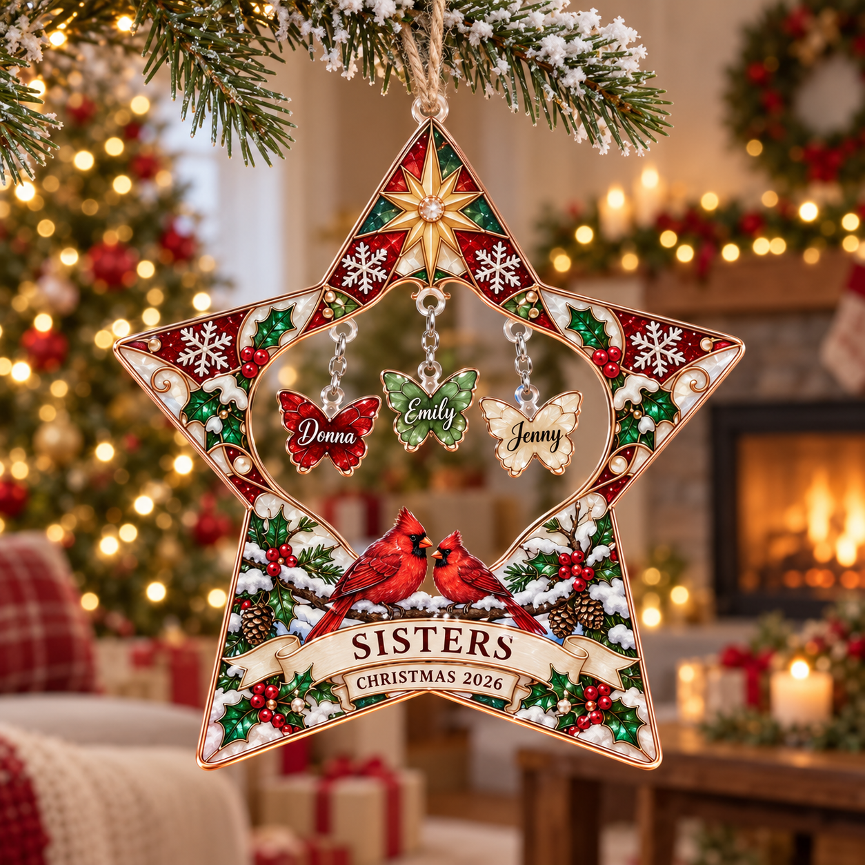 Stained-glass acrylic Christmas ornament with "SISTERS" and personalised name charms