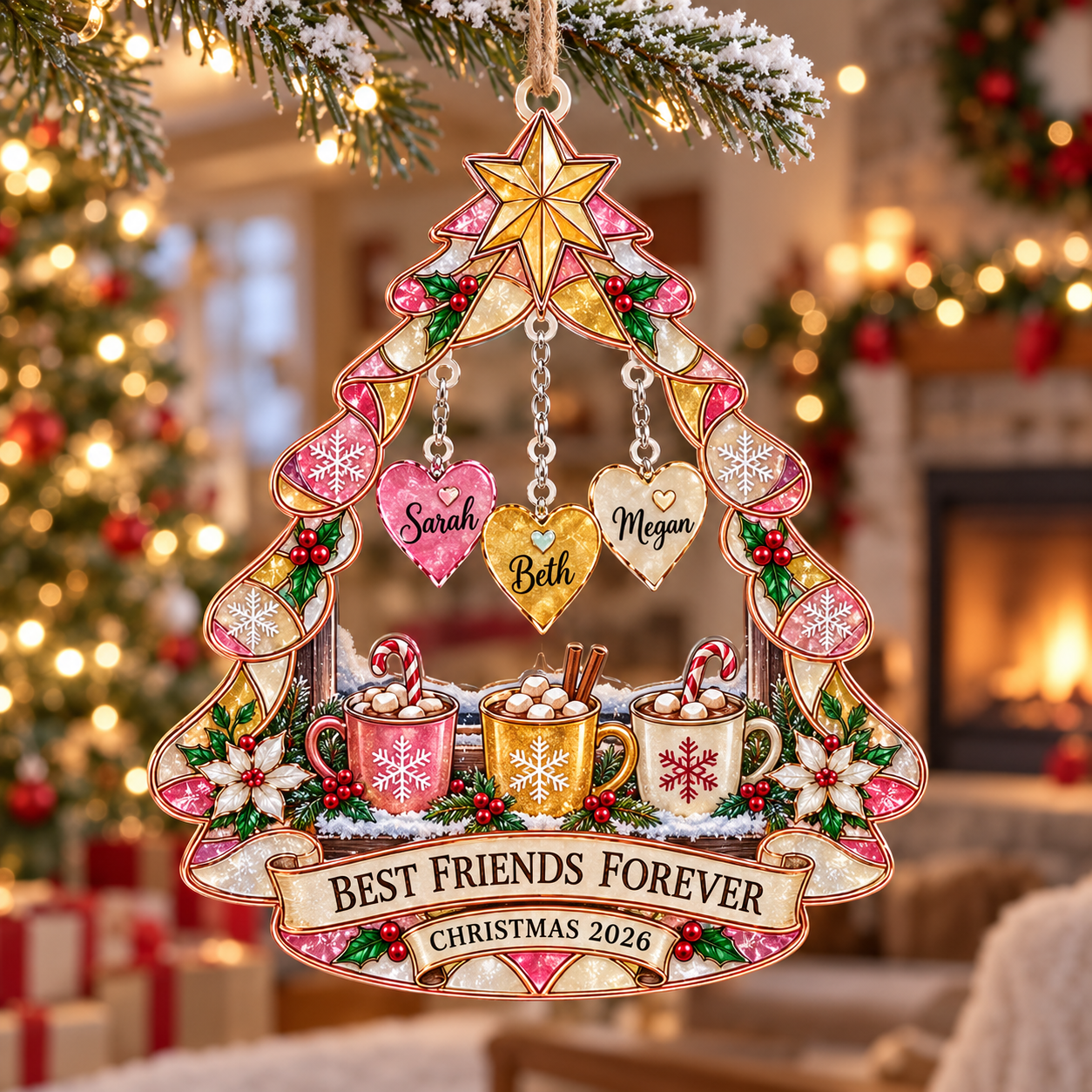 Stained-glass acrylic Christmas ornament with "BEST FRIENDS FOREVER" and personalised name charms