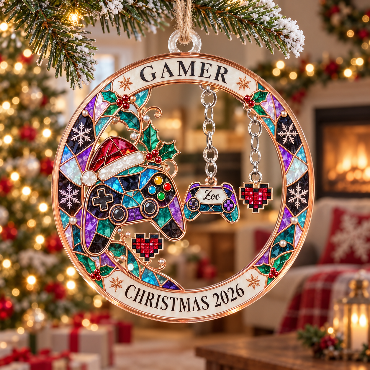 Stained-glass acrylic Christmas ornament with "GAMER" and personalised name charms