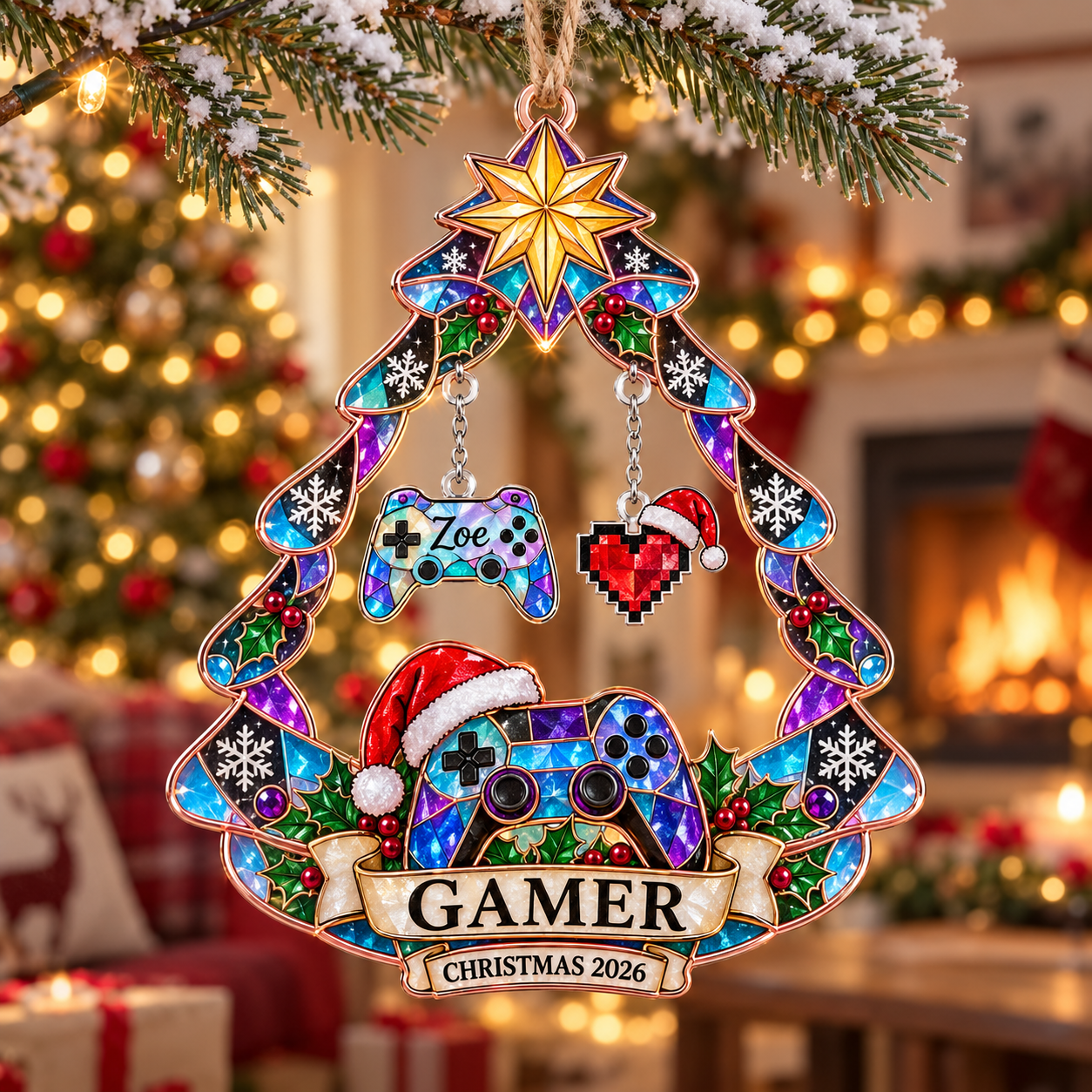 Stained-glass acrylic Christmas ornament with "GAMER" and personalised name charms