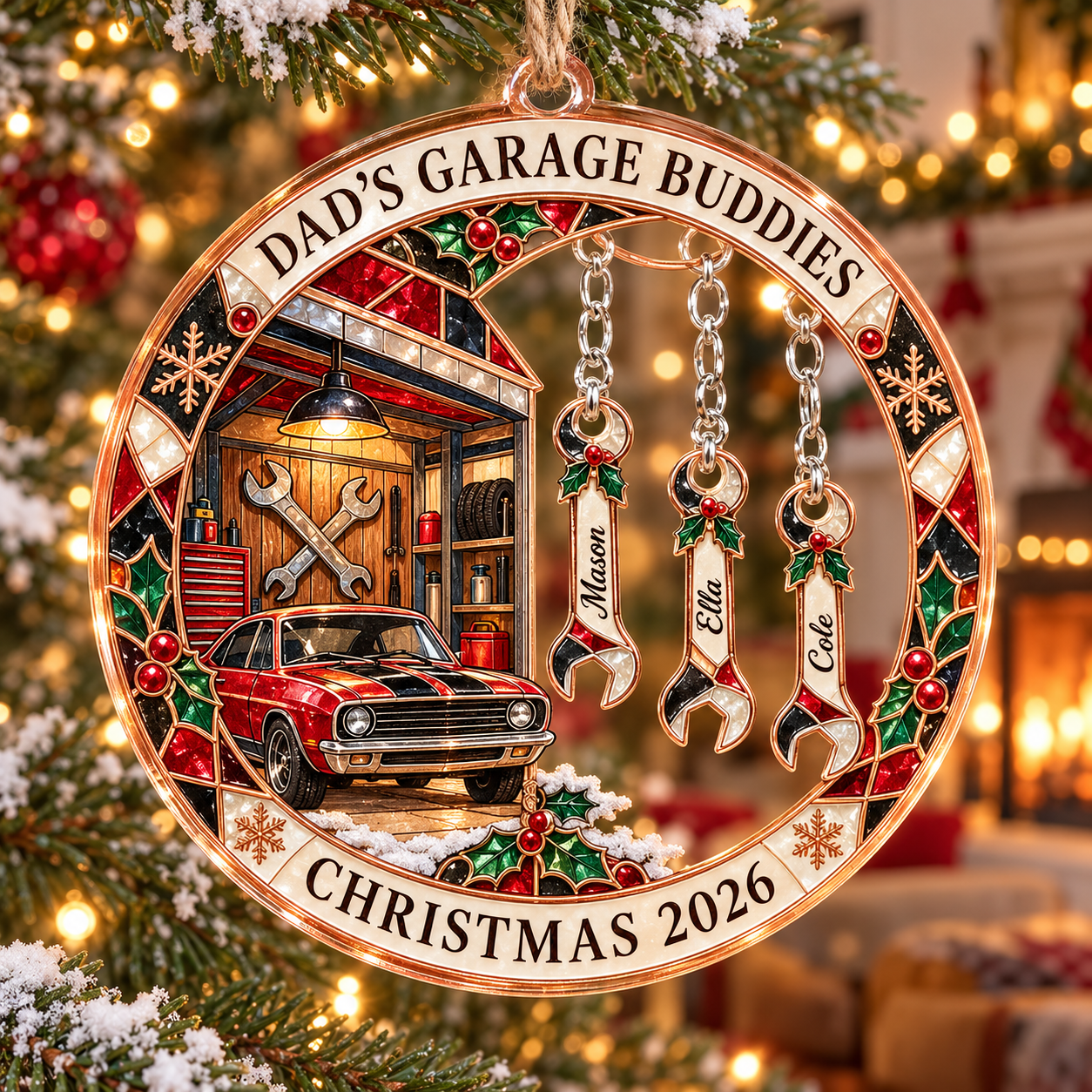 Stained-glass acrylic Christmas ornament with "DAD'S GARAGE BUDDIES" and personalised name charms