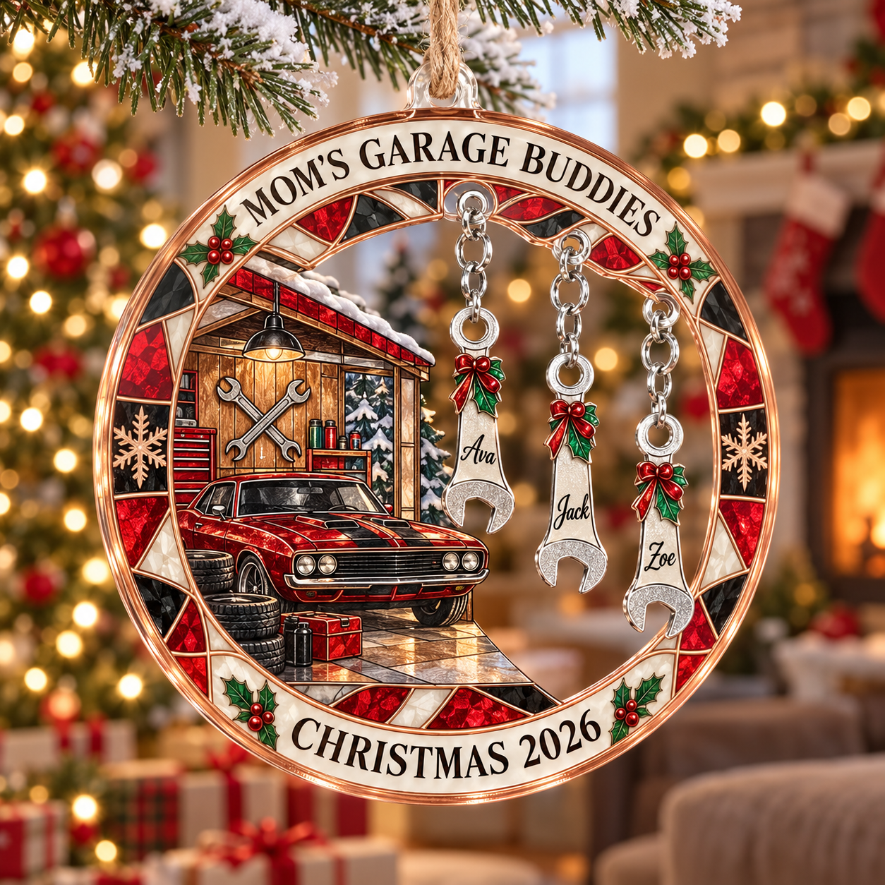 Stained-glass acrylic Christmas ornament with "MOM'S GARAGE BUDDIES" and personalised name charms