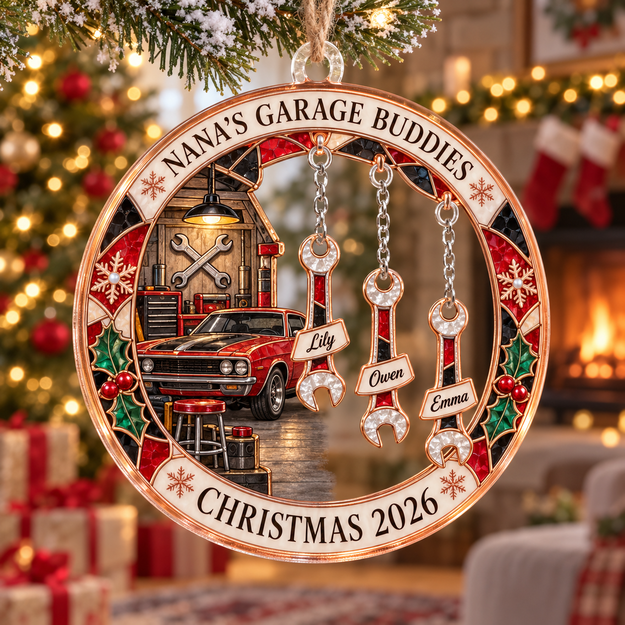 Stained-glass acrylic Christmas ornament with "NANA'S GARAGE BUDDIES" and personalised name charms