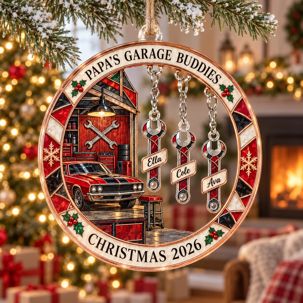 Stained-glass acrylic Christmas ornament with "PAPA'S GARAGE BUDDIES" and personalised name charms