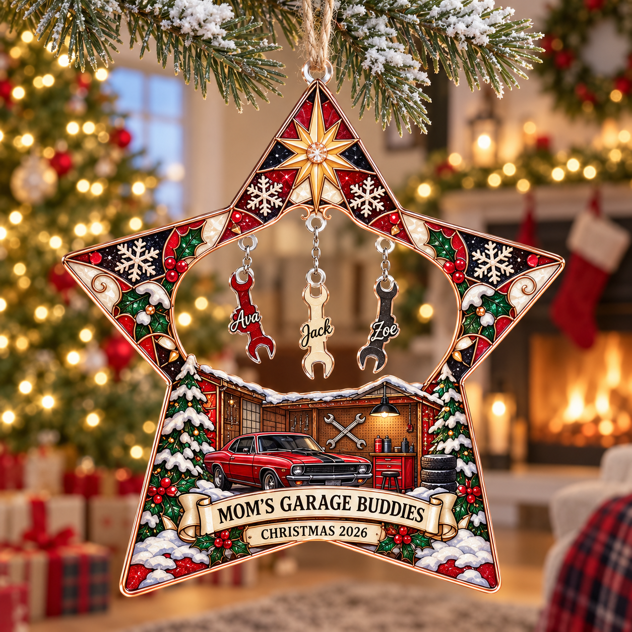 Stained-glass acrylic Christmas ornament with "MOM'S GARAGE BUDDIES" and personalised name charms