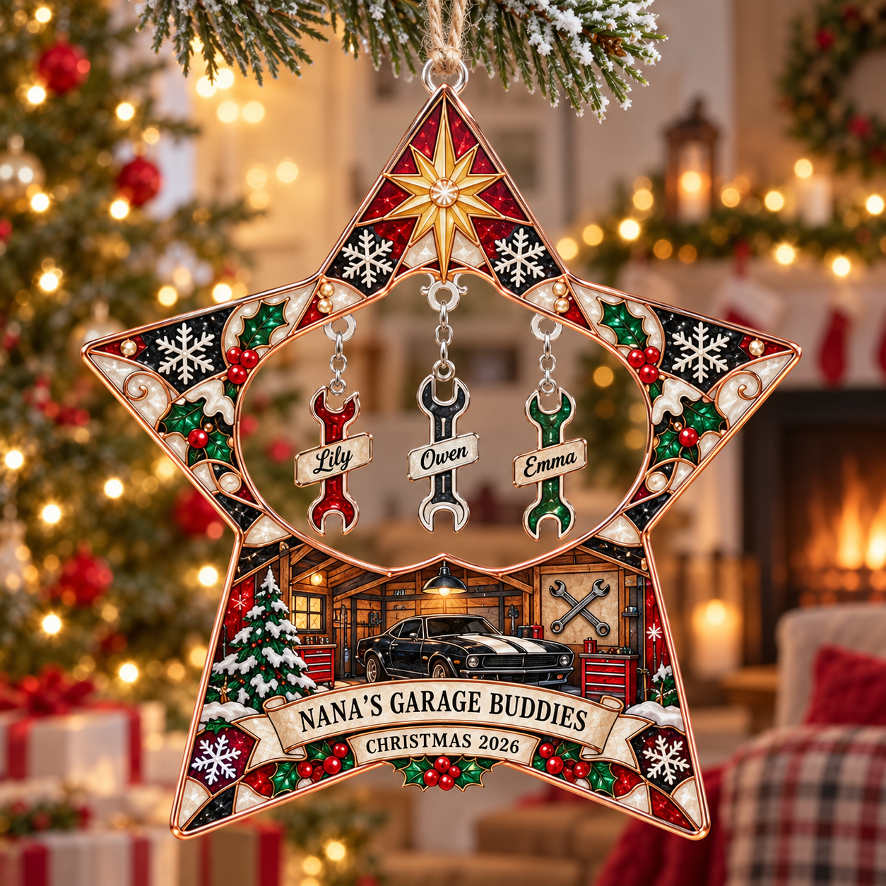Stained-glass acrylic Christmas ornament with "NANA'S GARAGE BUDDIES" and personalised name charms
