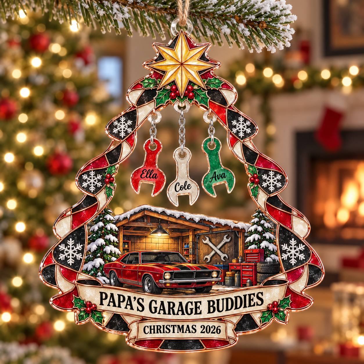Stained-glass acrylic Christmas ornament with "PAPA'S GARAGE BUDDIES" and personalised name charms