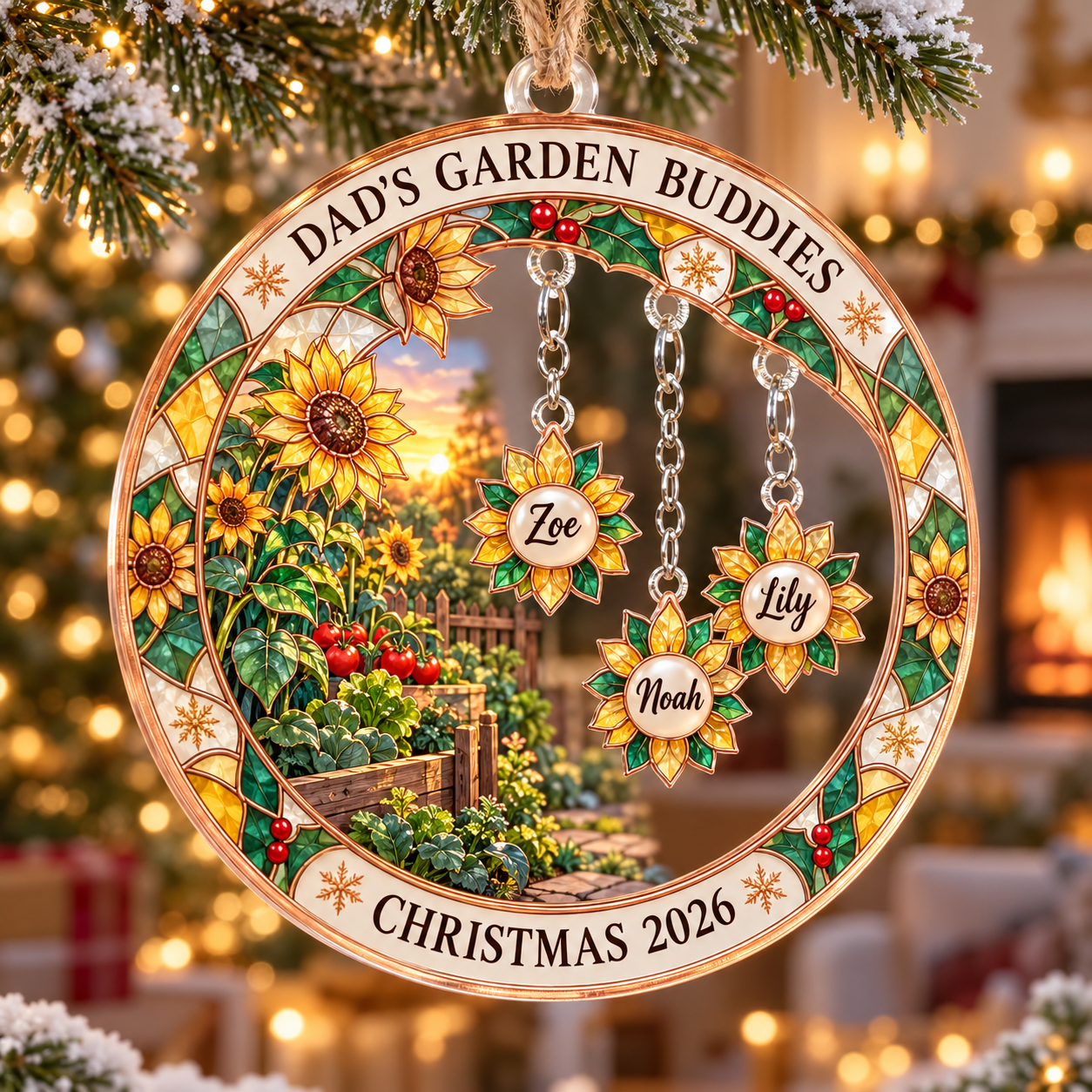 Stained-glass acrylic Christmas ornament with "DAD'S GARDEN BUDDIES" and personalised name charms