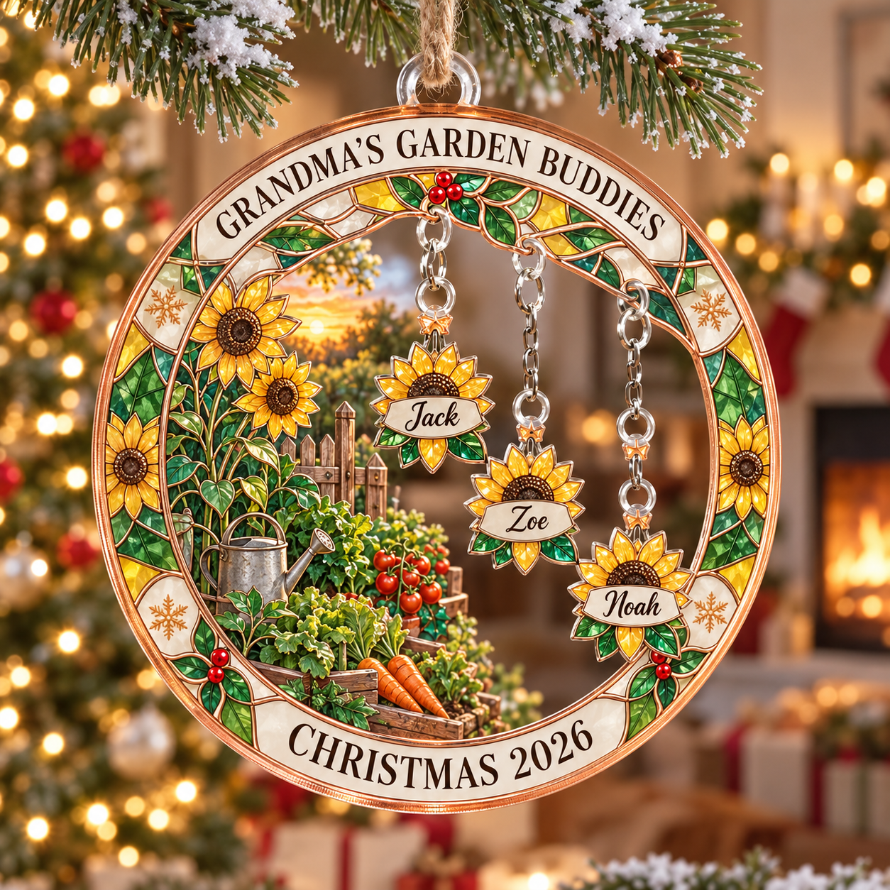 Stained-glass acrylic Christmas ornament with "GRANDMA'S GARDEN BUDDIES" and personalised name charms