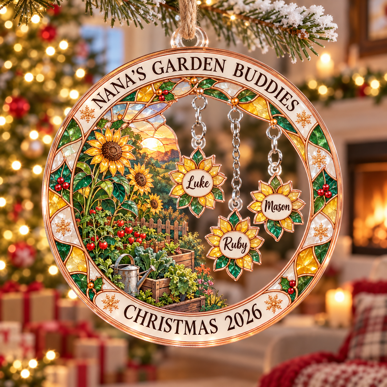 Stained-glass acrylic Christmas ornament with "NANA'S GARDEN BUDDIES" and personalised name charms