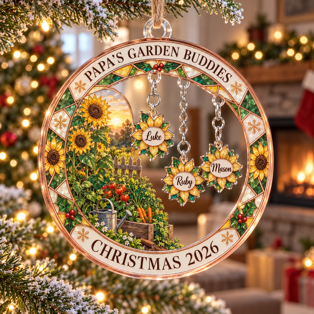 Stained-glass acrylic Christmas ornament with "PAPA'S GARDEN BUDDIES" and personalised name charms