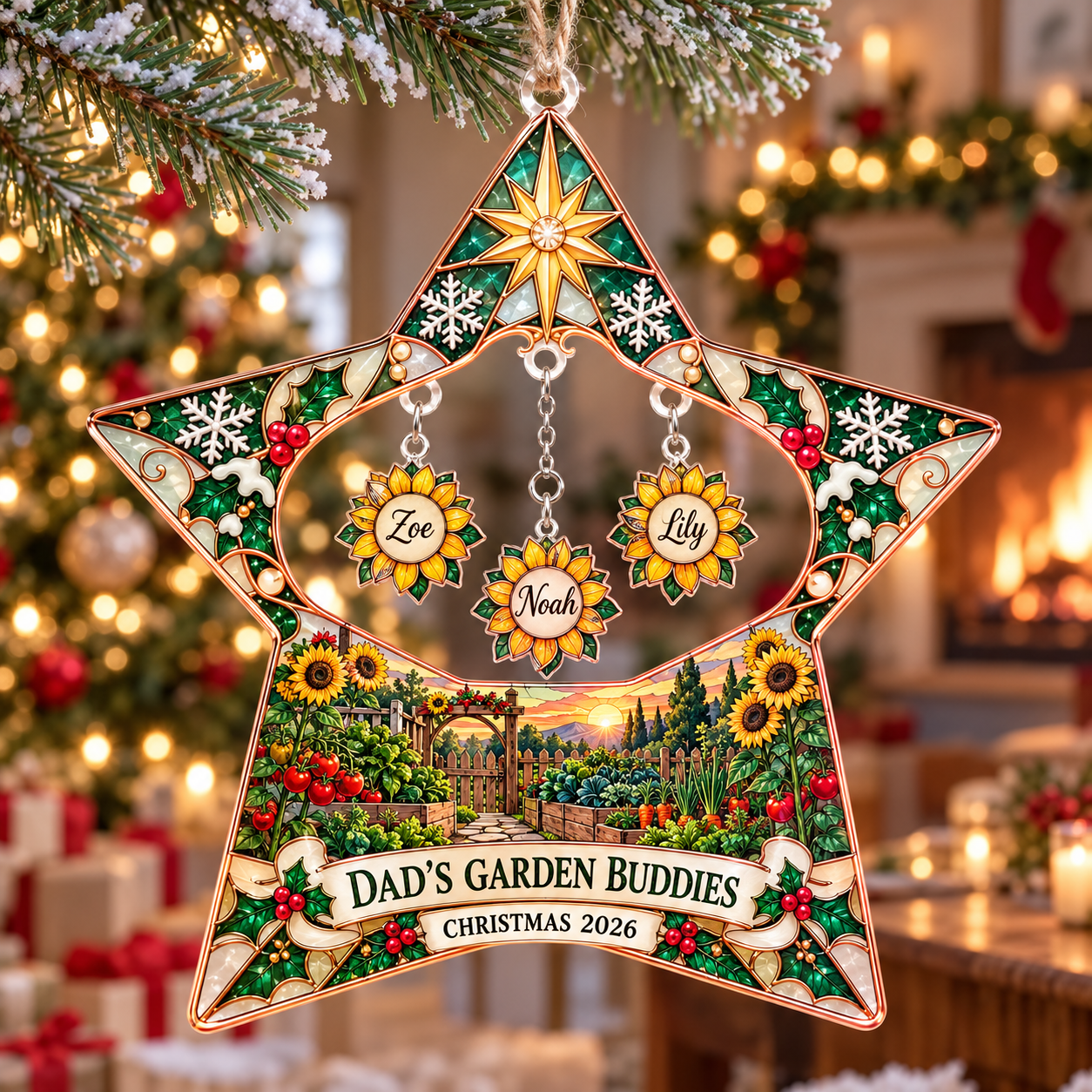Stained-glass acrylic Christmas ornament with "DAD'S GARDEN BUDDIES" and personalised name charms