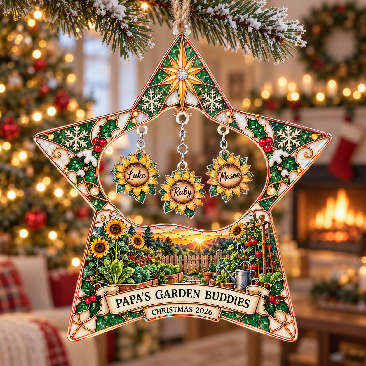 Stained-glass acrylic Christmas ornament with "PAPA'S GARDEN BUDDIES" and personalised name charms