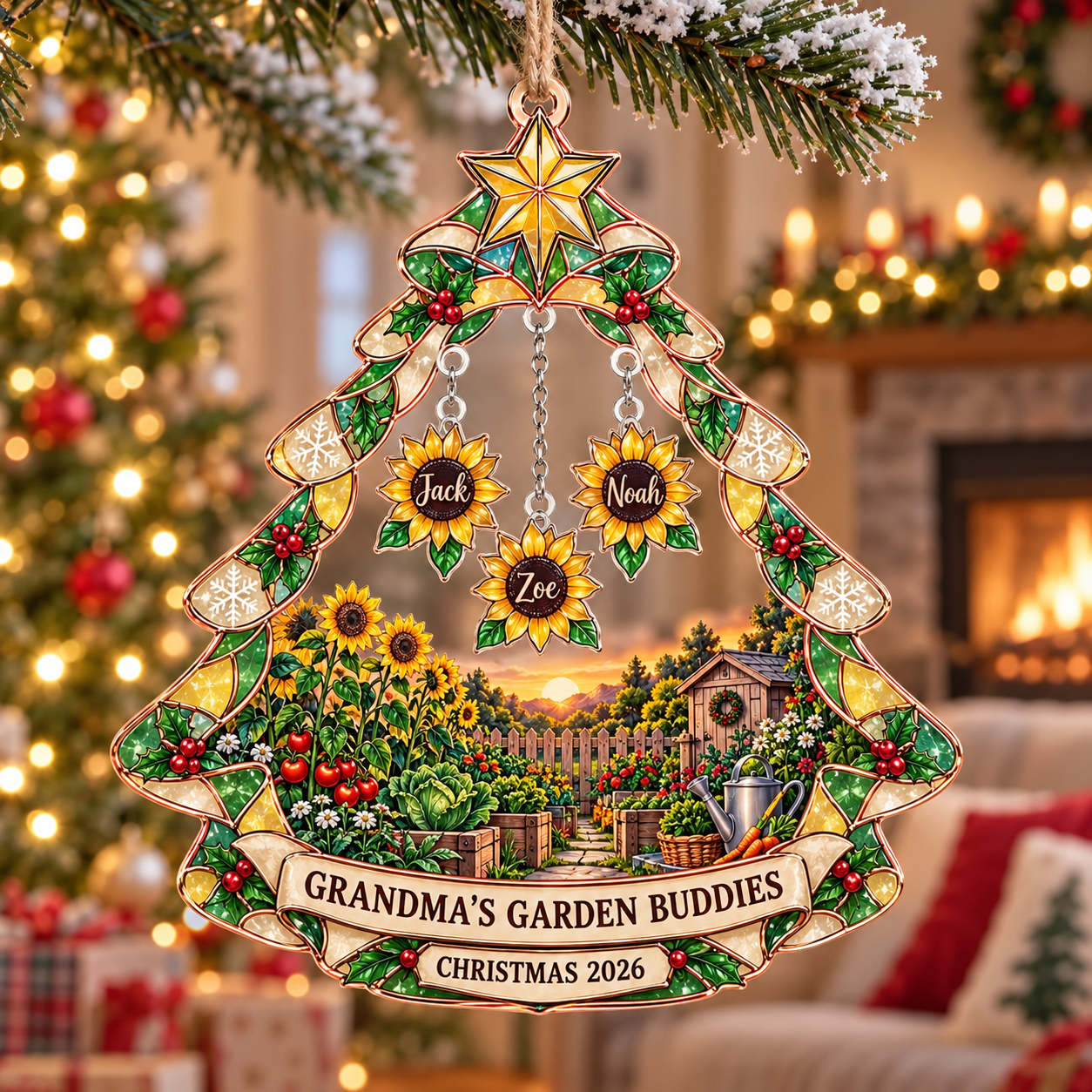 Stained-glass acrylic Christmas ornament with "GRANDMA'S GARDEN BUDDIES" and personalised name charms